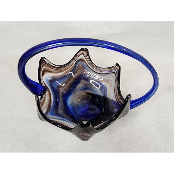 Vintage Sooner Ozark Art Glass Basket | Blue & Brown Swirl Hand-Blown | USA - Picture 9 of 15